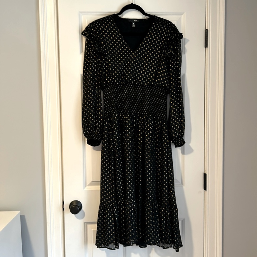Long sleeve dress Aqua brand size large. Black with gold polkadots